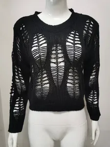 Detailed view of black distressed hollow out knitted sweater on a white mannequin