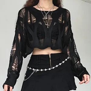 Sexy black hollow-out cropped knit sweater for women, y2k gothic style street wear.