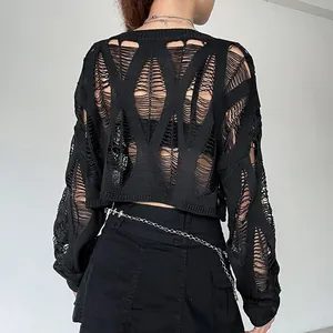 Sexy black hollowed out distressed knit crop top sweater for women streetwear style