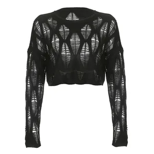 Sexy black cropped hollow-out knit sweater with distressed diamond pattern design