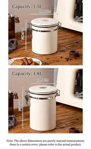 Detail showing dimensions of 1.5L and 1.8L stainless steel airtight storage canisters