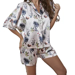 Soft printed two-piece pajama set featuring V-neck short sleeve top and matching shorts