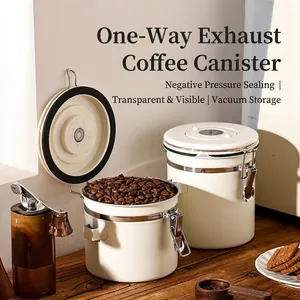 Airtight stainless steel coffee bean storage canister with one-way exhaust valve cream white