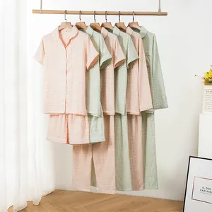 Damen Schlafanzug Set 100% Baumwolle Atmungsaktiv Doppellagige Gaze Kariert Kurz Langarm Hemd Hose Zweiteiler Homewear