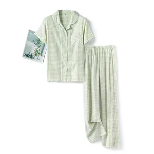Frisches grünes Baumwoll-Pyjama-Set mit Gingham-Muster für Damen mit Kurzarm-Oberteil