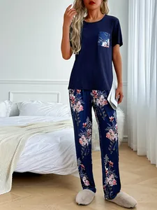 Women's navy blue floral print pajama set featuring a short-sleeve T-shirt and long pants