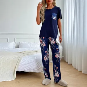 Women's elegant floral print pajama set with navy short sleeve T-shirt and lounge pants