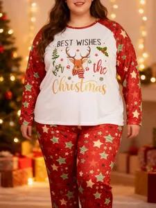 Detail of plus-size Christmas pajamas featuring a festive reindeer print on long sleeve top