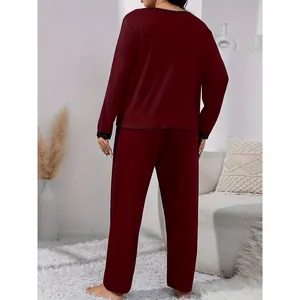 Burgundy two-piece loungewear set with lace trim details, shown from the back view.