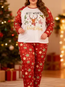 Cozy plus size Christmas pajama set featuring a festive reindeer print and star patterns