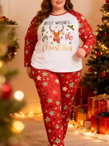 Detail of plus size Christmas pajama set with festive reindeer print and star pattern.