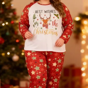 Plus size Christmas pajama set with festive reindeer print and star patterned pants