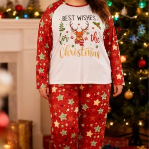 Plus size festive Christmas pajama set with reindeer print and star patterned pants