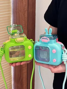 Dopamine-colored camera-shaped children's water bottles with cute bunny ears and straw straps