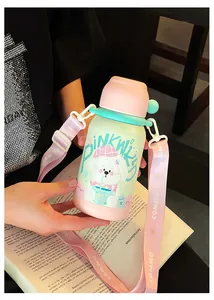 Cute large-capacity stainless steel kids water bottle with pink strap and dog pattern