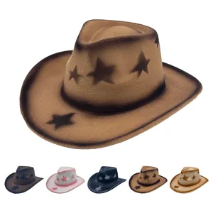 Chapeau de Cowboy Occidental Avec Sommet en Cœur Rétro Étoile Peinture Jazz Fedora Feutre de Laine Large Bord Panama Chapeau de Soleil Homme Femme