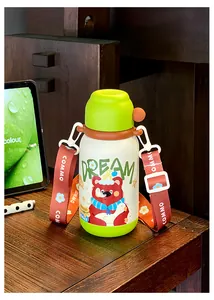 Detail showing the cute cartoon bear and portable strap of the stainless steel water bottle.