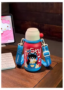 Detailed view of red and blue kids stainless steel water bottle with husky pattern