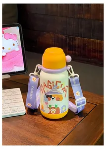 Detail showing the cute cartoon cat print and strap of the kids' water bottle
