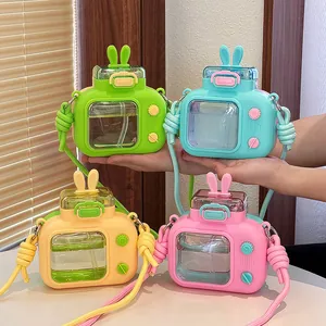 Cute rabbit ear TV shaped children's water bottles with straw and crossbody straps