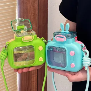 Creative camera shaped water bottle for kids with bunny ears and crossbody strap