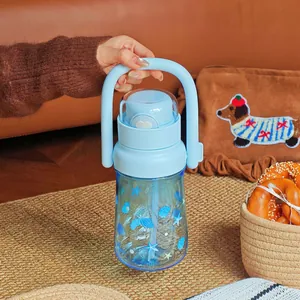 Light blue ocean-themed portable water bottle with handle and straw for outdoor use
