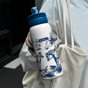 Bouteille d'eau isotherme en acier inoxydable avec motif de cheval bleu et paille