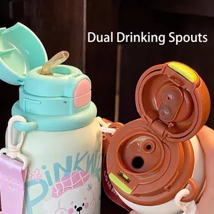 Cute large capacity kids water bottle with dual drinking spouts and portable strap.
