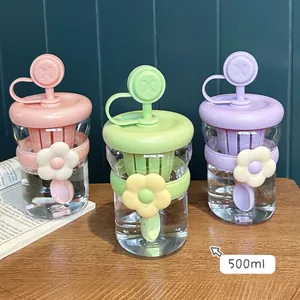 Tazza Portatile in Plastica con Cannuccia e Filtro Infusore Tè Decorazione Floreale Bottiglia per Tè alla Frutta Estate Ufficio Donne Ragazze