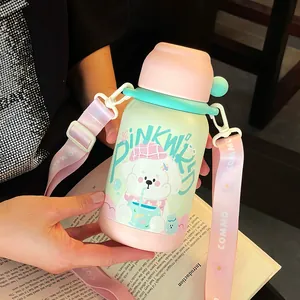 Cute kids stainless steel water bottle with portable strap and cartoon dog design