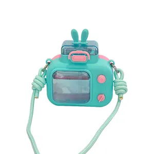 Cute mint green rabbit camera-shaped water bottle for kids with straw and shoulder strap