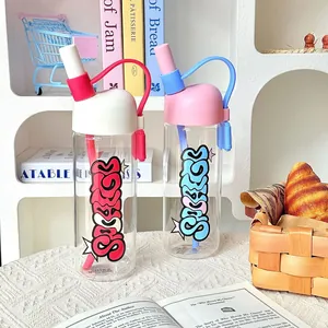 High Borosilicate Glass Water Bottle Large Capacity Heat Resistant Graffiti Letters Trendy Bottle With Straw And Portable Handle Lanyard