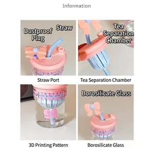 Niedliche rosa Schleife Glas Wasserflasche mit Strohhalm und Teesieb Deckel