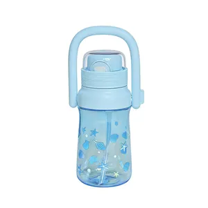 Portable light blue straw water bottle with ocean shell pattern and large handle for students