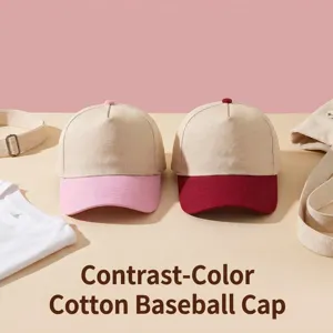 Detailed look at two-tone cotton 5-panel baseball caps in pink and maroon contrast