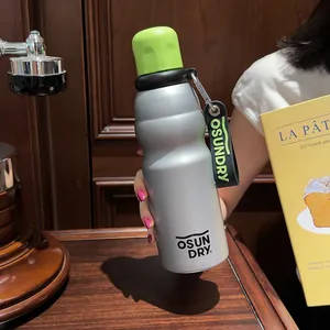 Detail view of a portable stainless steel sports water bottle in silver with green cap.