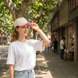 Detail of a stylish two-tone cotton 5-panel baseball cap worn by a model in a sunny street setting.