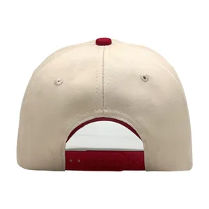 Close-up of the back of a 5-panel cotton baseball cap showing red adjustable closure