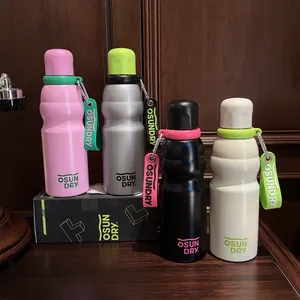 Close-up detail of premium stainless steel sports bottles with colorful straps