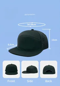 Laser-cut perforated quick-dry baseball cap detail showing product dimensions and views