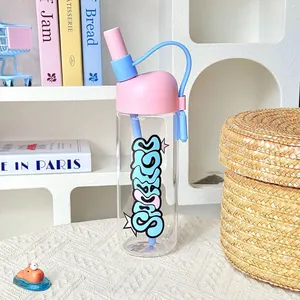 Detailed view of a trendy pink and blue high borosilicate glass water bottle with straw