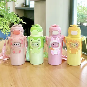 Süße Cartoon-Tier-Isolierflasche aus Edelstahl für Kinder mit Strohhalm und Gurt