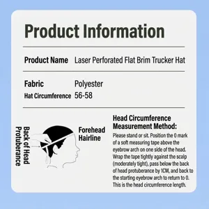 Size chart and measurement guide for laser-cut flat-brim trucker hat in polyester.