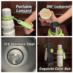 Insulated 316 stainless steel sports water bottle with portable strap and gift box.
