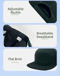 Close-up details of a quick-dry mesh baseball cap featuring a flat brim and buckle
