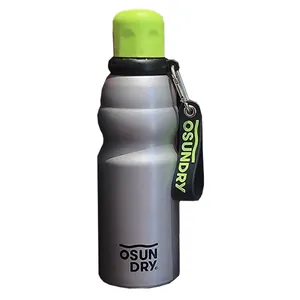 Insulated stainless steel sports water bottle with lime green cap and carry strap