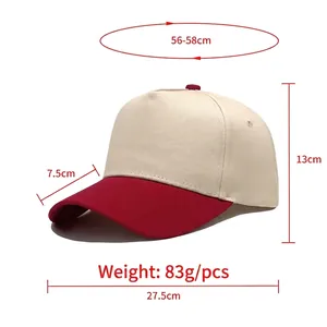 Beige and red cotton 5-panel baseball cap with product dimensions