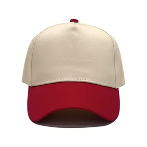 Minimalist 5-panel cotton baseball cap with cream crown and red brim for custom logo
