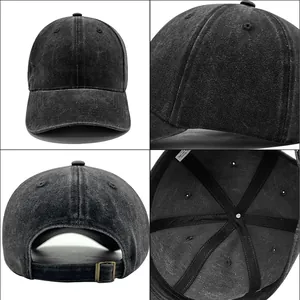 Λεπτομερής μακροεντολή προβολή του πλυμένου μαύρου βαμβακερού καπέλου του μπέιζμπολ.