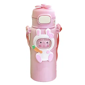Niedliche rosa Edelstahl-Thermosflasche für Kinder mit Hasen-Design und Schultergurt